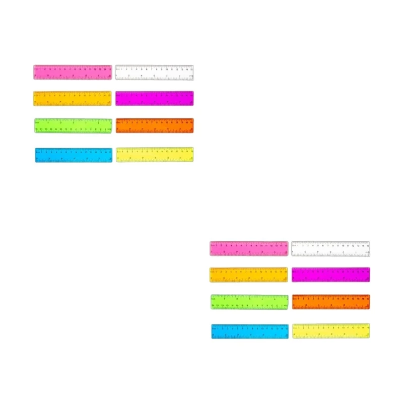 مجموعة مساطر مترية مكونة من 8 قطع بالبوصة والسنتيمتر، مسطرة للأطفال للمدرسة، مسطرة بلاستيكية شفافة ملونة