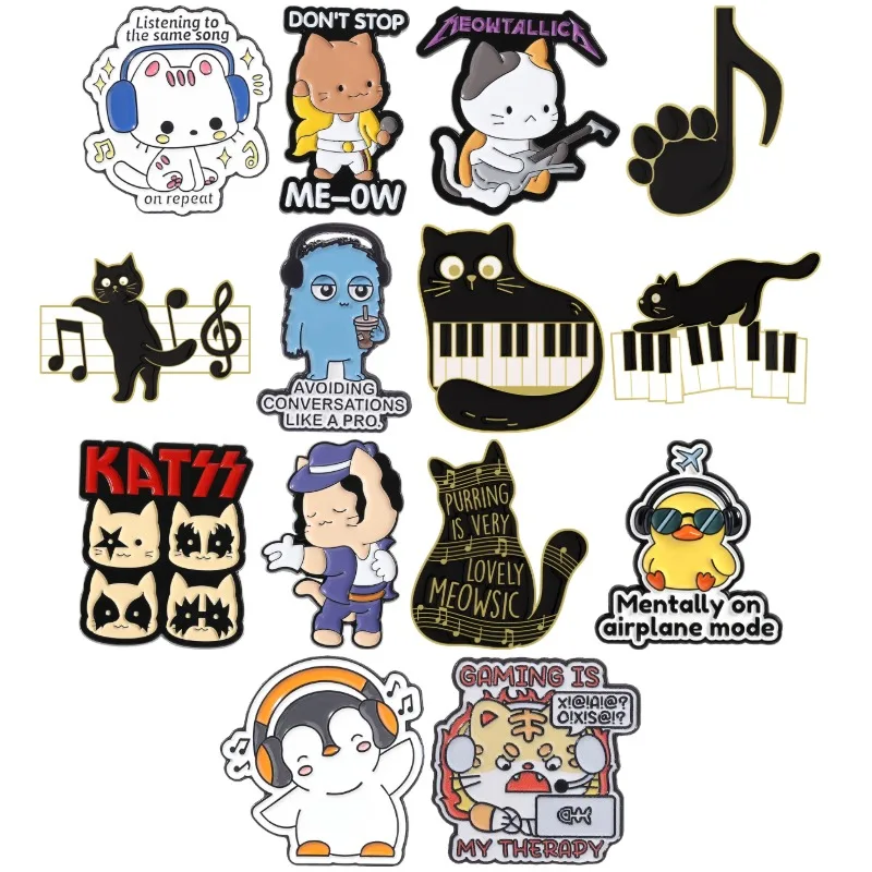 14styles Music Cats Enamel Pins Headphone Animal Singer Brooches Tiger Penguin Duck Badge Introvert Jewelry Gift For Friends