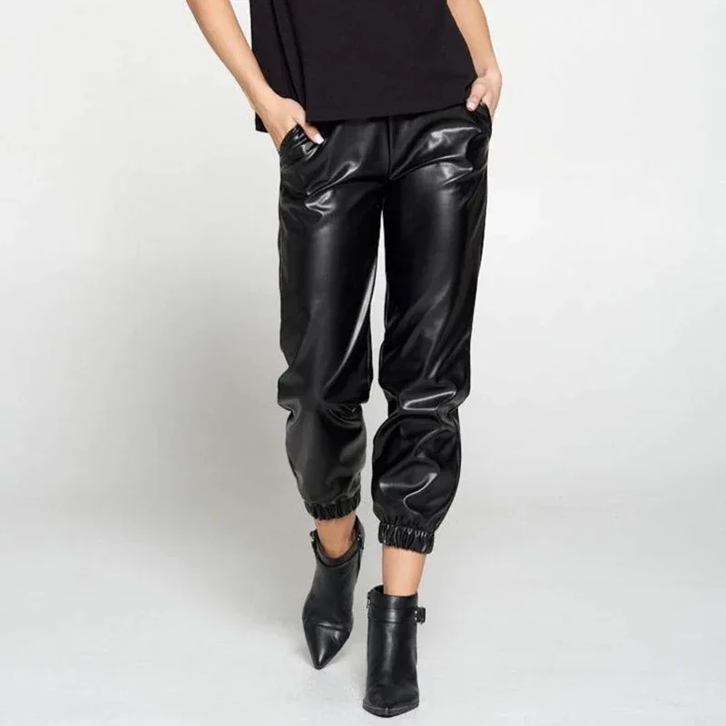 

High Waist Faux Leather Pants Bloomers Women Casual PU Elastic Loose Trousers Ladies Cropped Pants With Pocket Clubwear Custom