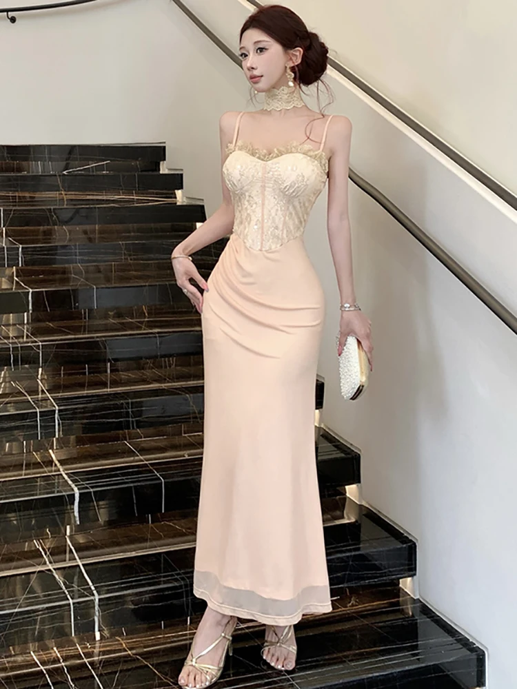 

Summer Fashion Patchwork Lace Jacquard Sling Sexy Dress Women Vintage Luxury Evening Dress 2026 Korean Elegant Bodycon Vestidos