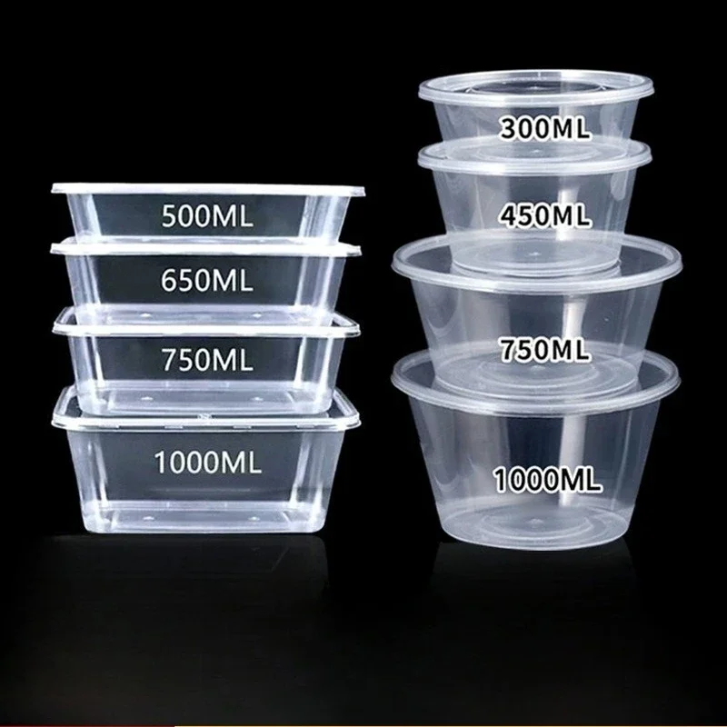 Thickened Disposable Food Containers with Lids Rectangle Round Plastic Meal Box Takeout Fresh Storage