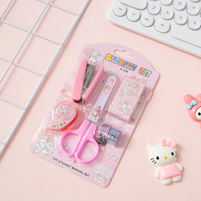 Cartoon Sanrio Stationery Set Kuromi Kitty Student Scissors Stapler Tape Combination Kid Gift Home Book Binding Machine Stapler