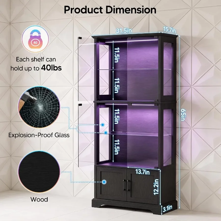 Display Cabinet with Glass Door, 4-Tier Display Case with RGB Lights