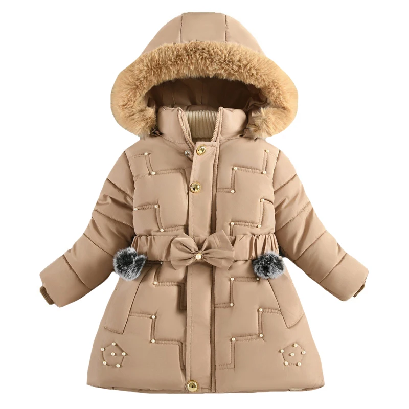 2026 Winter Mädchenjacke Lang Einfarbig Perlen-Dekoration Plüschfutter Dick Kapuzenjacke mit Reißverschluss für 4-10 Jahre alte Kinder Baumwoll-Schneeanzug