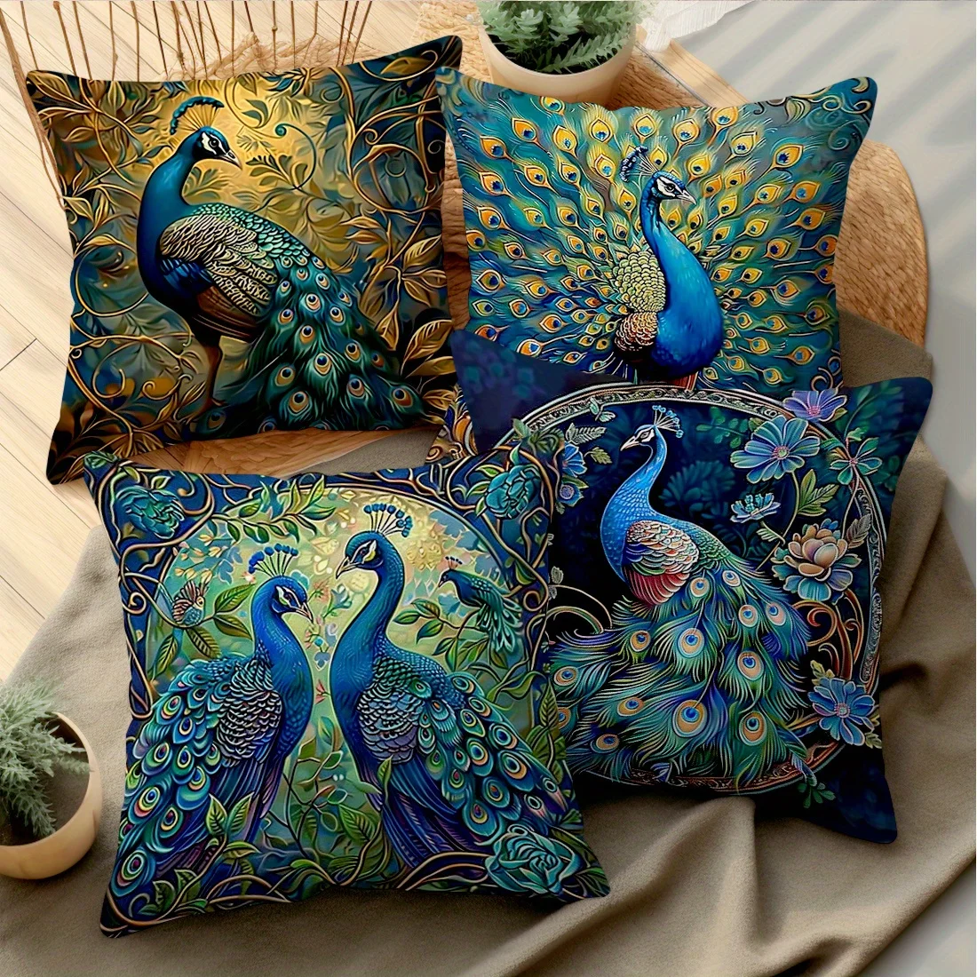 4pcs Vintage Oil Painting Peacock Four-piece Set Single-sided Printed Throw Pillow Sofa Cover - Throw Pillow Cover