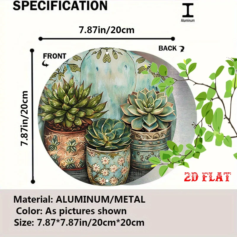 2D Flat, Succulent & Cactus Metal Wall Art - Turquoise & Golden Retro Aluminum Sign with Aloe Plants, Rustic for Home, Cafe