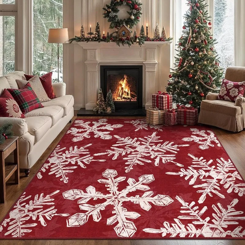 Christmas Style Rectangle Rug Non‑Slip Machine Washable Carpet Red White Snowflake Print Winter Xmas Floor Mat for Indoor Decor