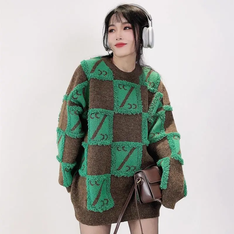 

Chessboard Style Oversized Sweater for Women Loose Fit Lazy Style Casual Knit Top