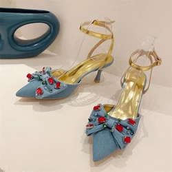 Eilyken High Quality Denim Pointed Toe Butterfly-knot Women Pumps Sandals Crystal Thin Low Heels Party Shoes