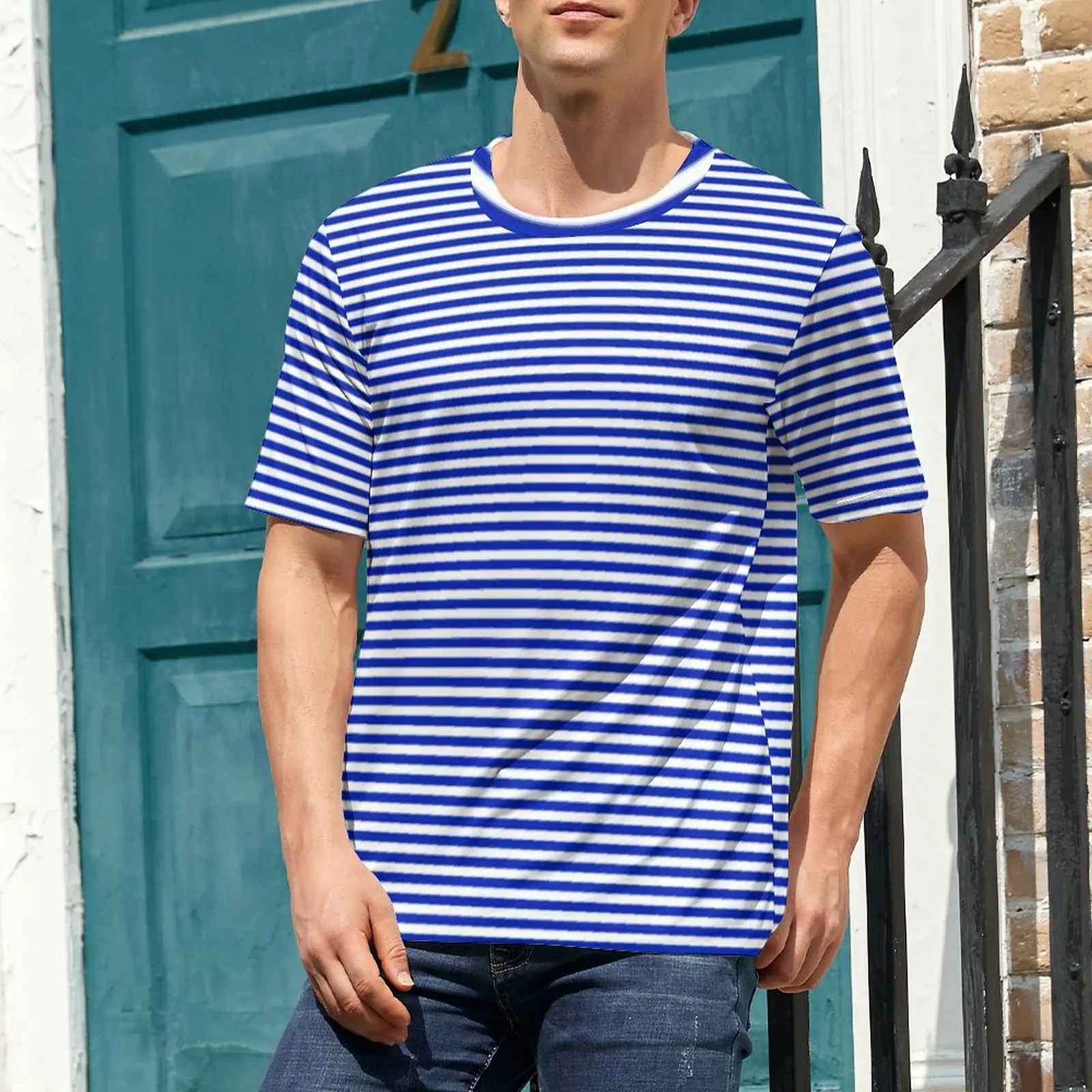 Retro Nautical Sailor T Shirt Man Blue and White Stripes Basic T Shirts Summer Popular Tees Short Sleeve Pattern Oversize Tops