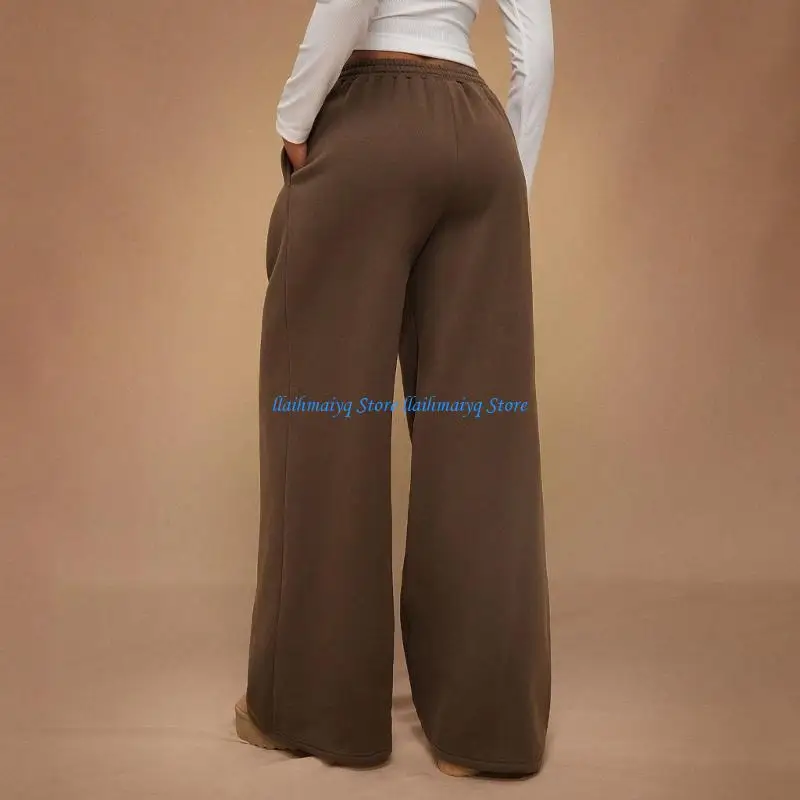 573B Women's drawstring waist straight leg wide-leg fleece-lined casual loose-fitting sports pants