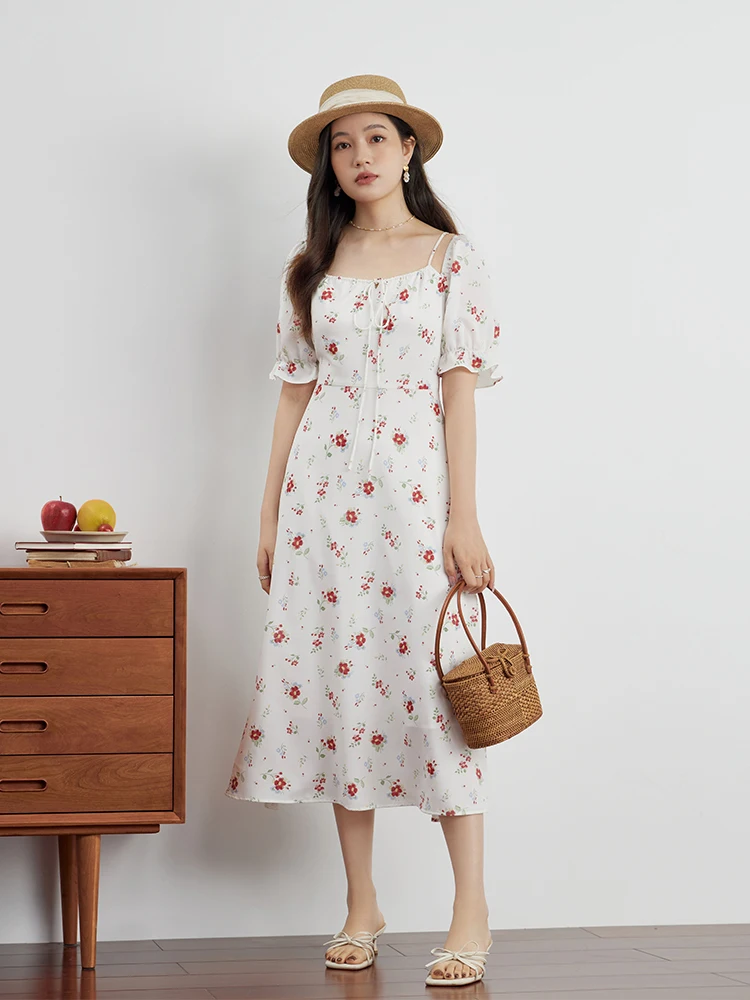 DUSHU High-end Sense of Small Floral Hanging Shoulders Dress for Women Summer 2023 Niche Style Printing A-Line Dress Female