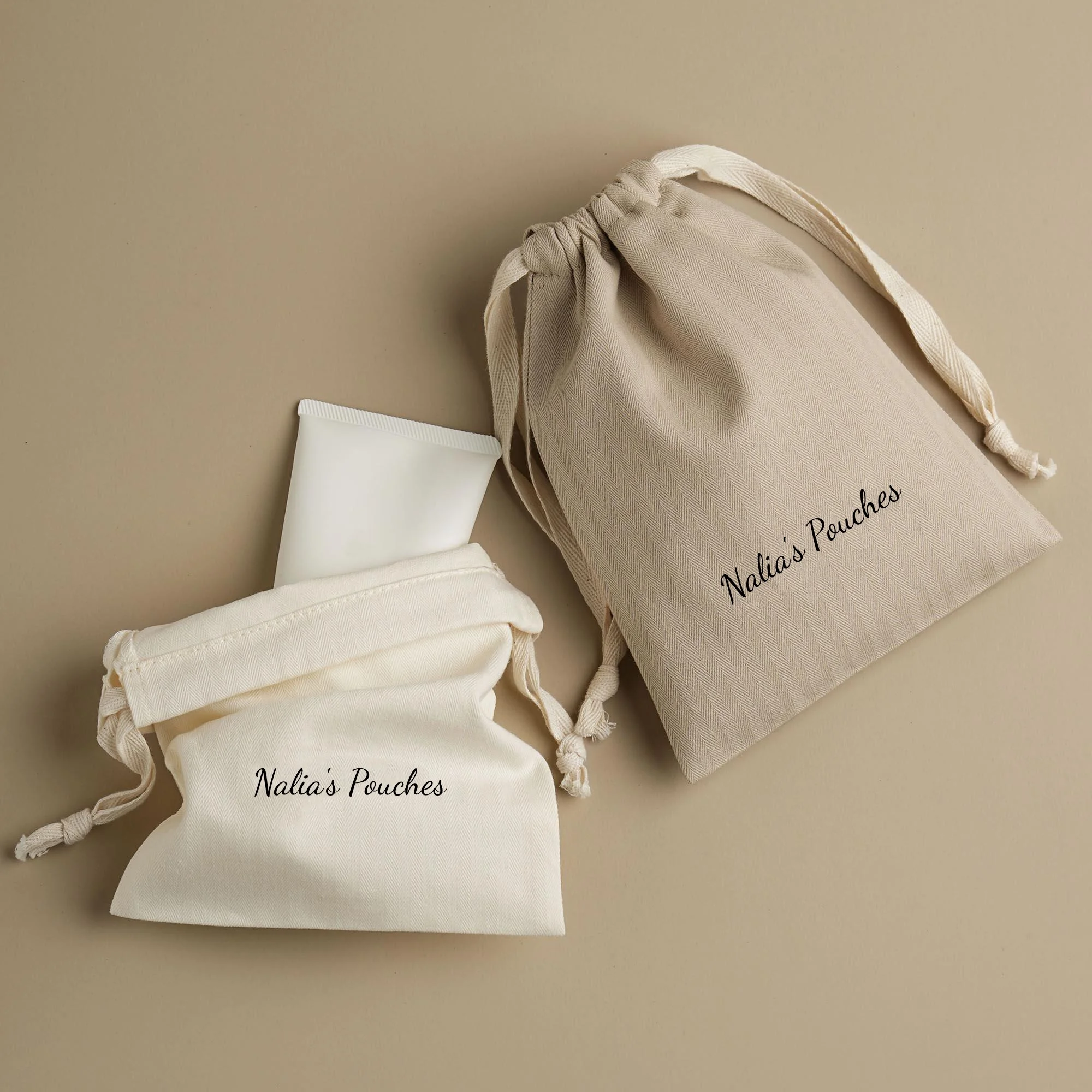 Custom Logo Dust Bag Herringbone Beige Cotton Drawstring Pouch Wedding Birthday Cosmetic Bridesmaid Candy Soap Packaging Bags view 4