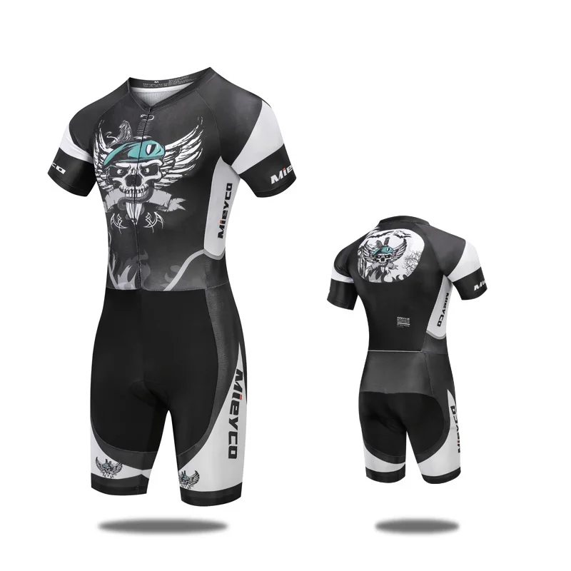 Punk Skull Print Short‑Sleeve One‑Piece Triathlon Suit, Professional Wind‑Resistant Integrated Swimming Running Cycling Skinsuit