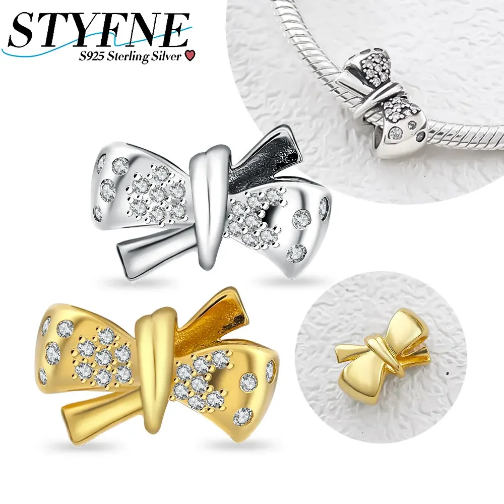 925 sterling silver gold shiny zircon cute bow fit Pandora original bracelet diy jewelry exquisite high-end women's gift