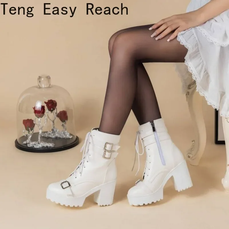 

Autumn and Winter New style fashion high-heeled Women Boots Solid PU Metal decoration Cross tie straps Square heel Women's Boots