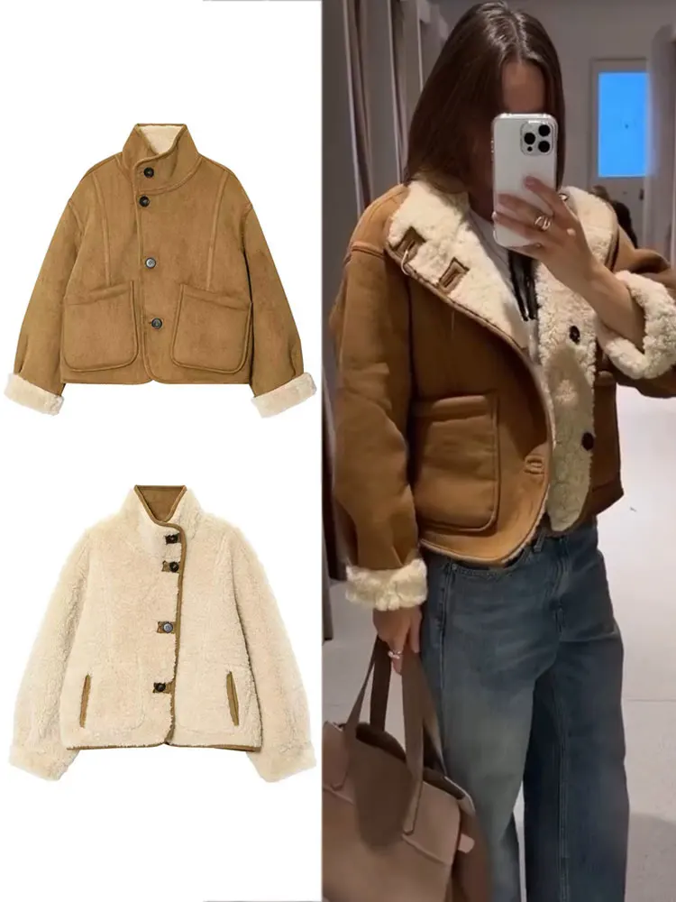 HH Women Fashion Faux Lamb Wool Reversible Jacket Single Breasted Long Sleeve Lapel Coats Autumn Winter Thick Warm Outwear