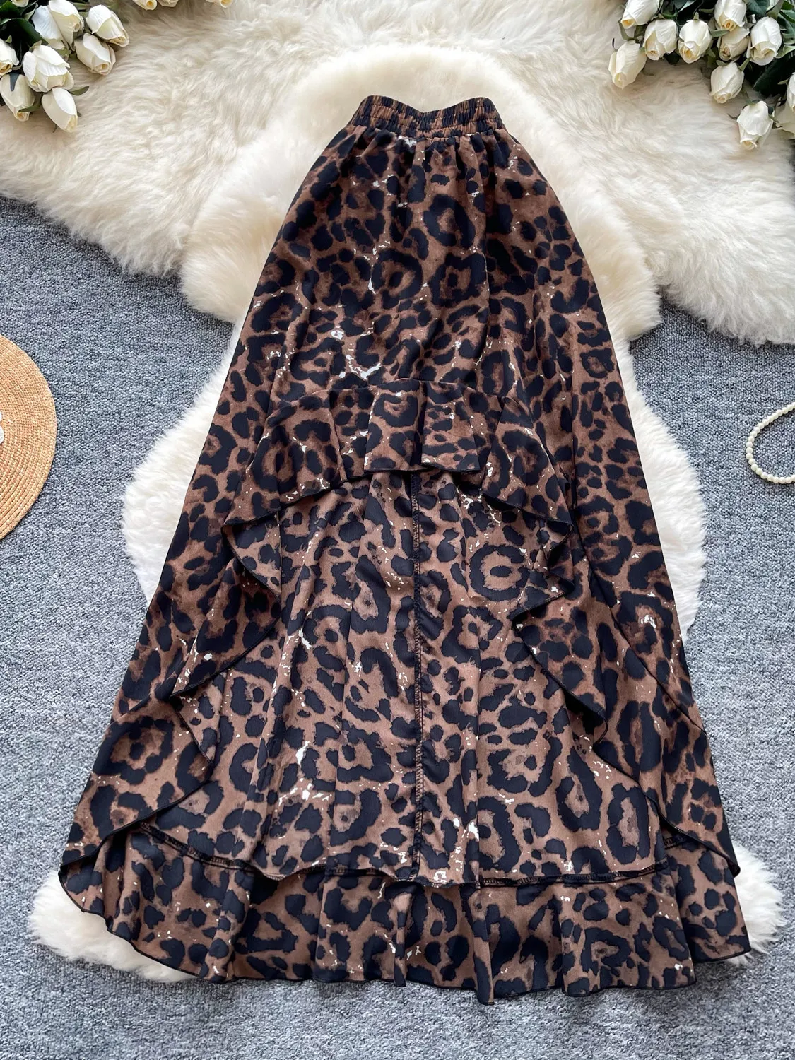 Women Brown Leopard Ruffle A-Line Skirt Y2K Gyaru Long Skirt Vintage Midi Skirt High Waist Korean Style Skirts for Women Summer