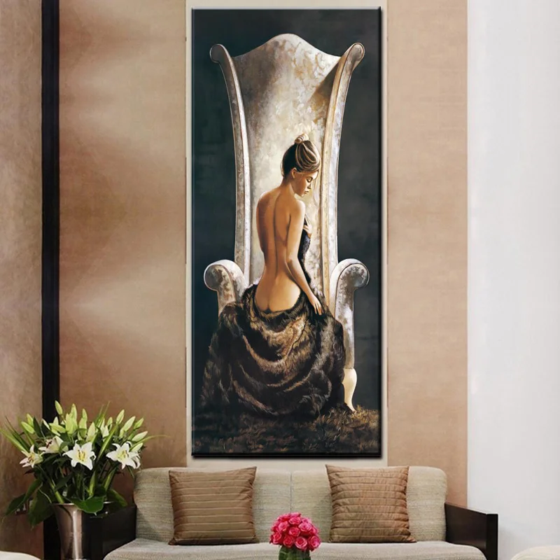 Vintage Large Sexy Woman on Chair Oil Painting HD Print Girl Naked Body on Canvas Wall Art Picture for Living Room Cuadros Decor