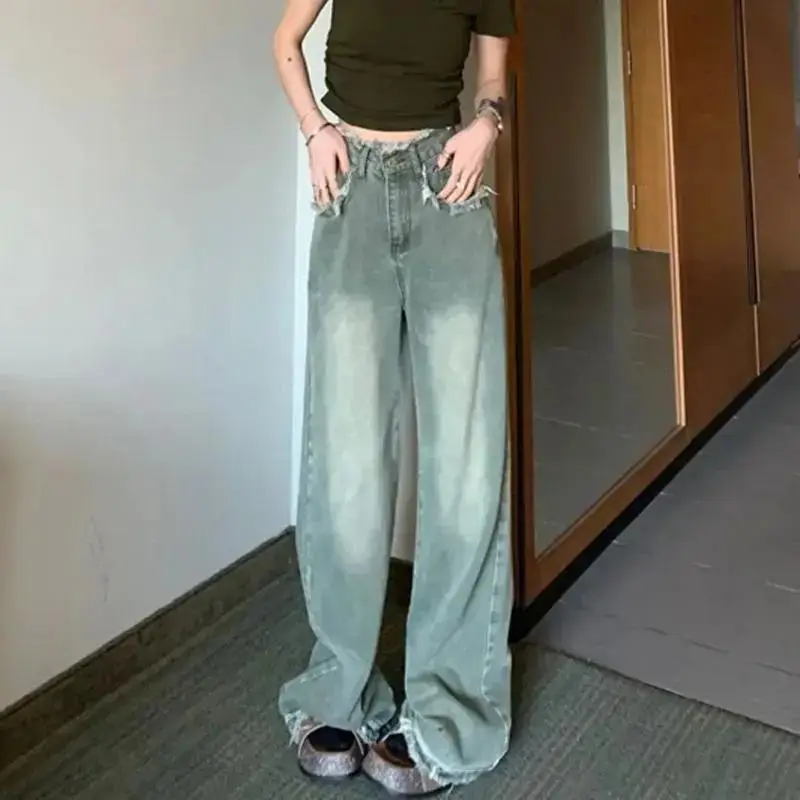 Retro Light Colored Wide Leg Jeans for Women Loose High Waisted Straight Leg Pants Lady Spring Casual Floor Mops Pants