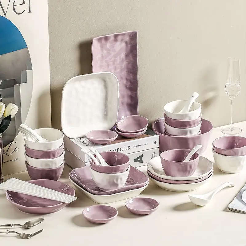 Purple milk white ceramic tableware set, high aesthetic French bowl and plate combination, a complete set