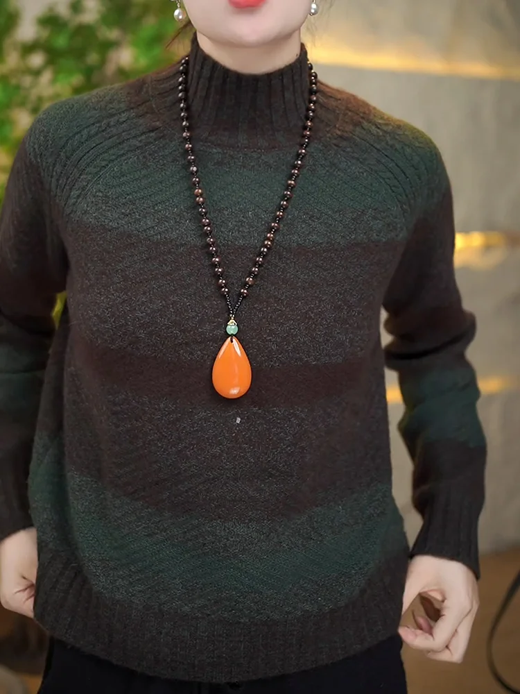 

Retro Print f High Ne Sweater Casual Ele Large Size Women's Autumn New Sle Versatile Top Warm Long Sve Camere