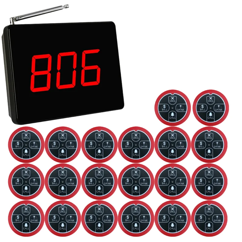 433Mhz Restaurant Call System Emergency Wireless Calling System 1 Display Receiver 20pcs Hookah Shisha Table Button