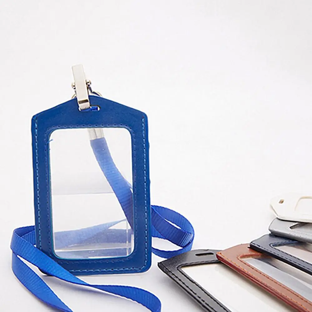 7x11cm ID Badge Card Holder Faux Leather Frame Clear Case Cover Lanyard PU Clear And Color Border Lanyard Holes Bank Card Holder