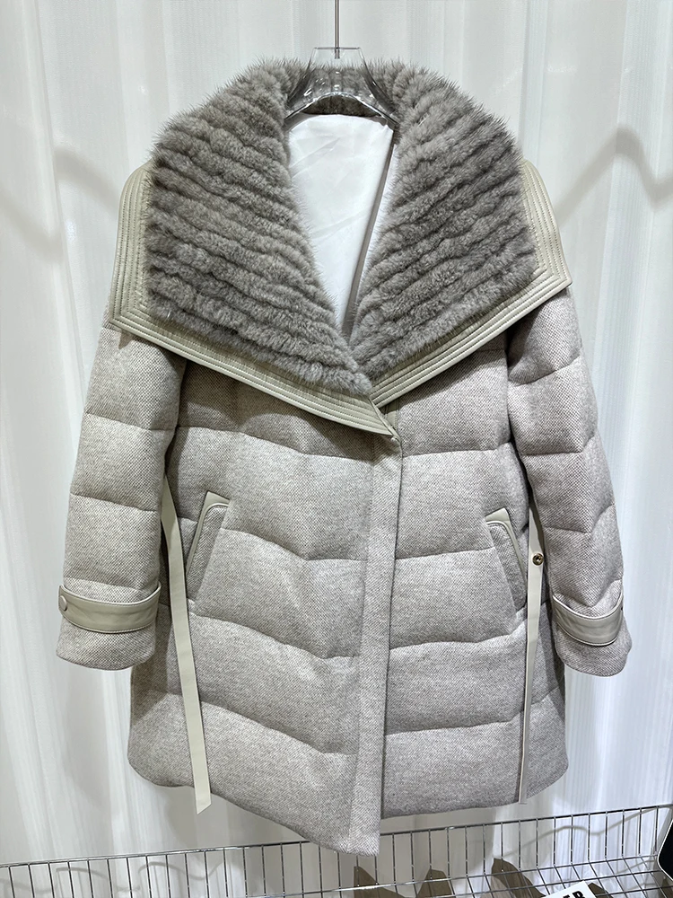 2024 Winter Women Wool Blends Long Coat Real Natural Mink Fur Collar Thick Warm Goose Down Jacket New Luxury Female Coat