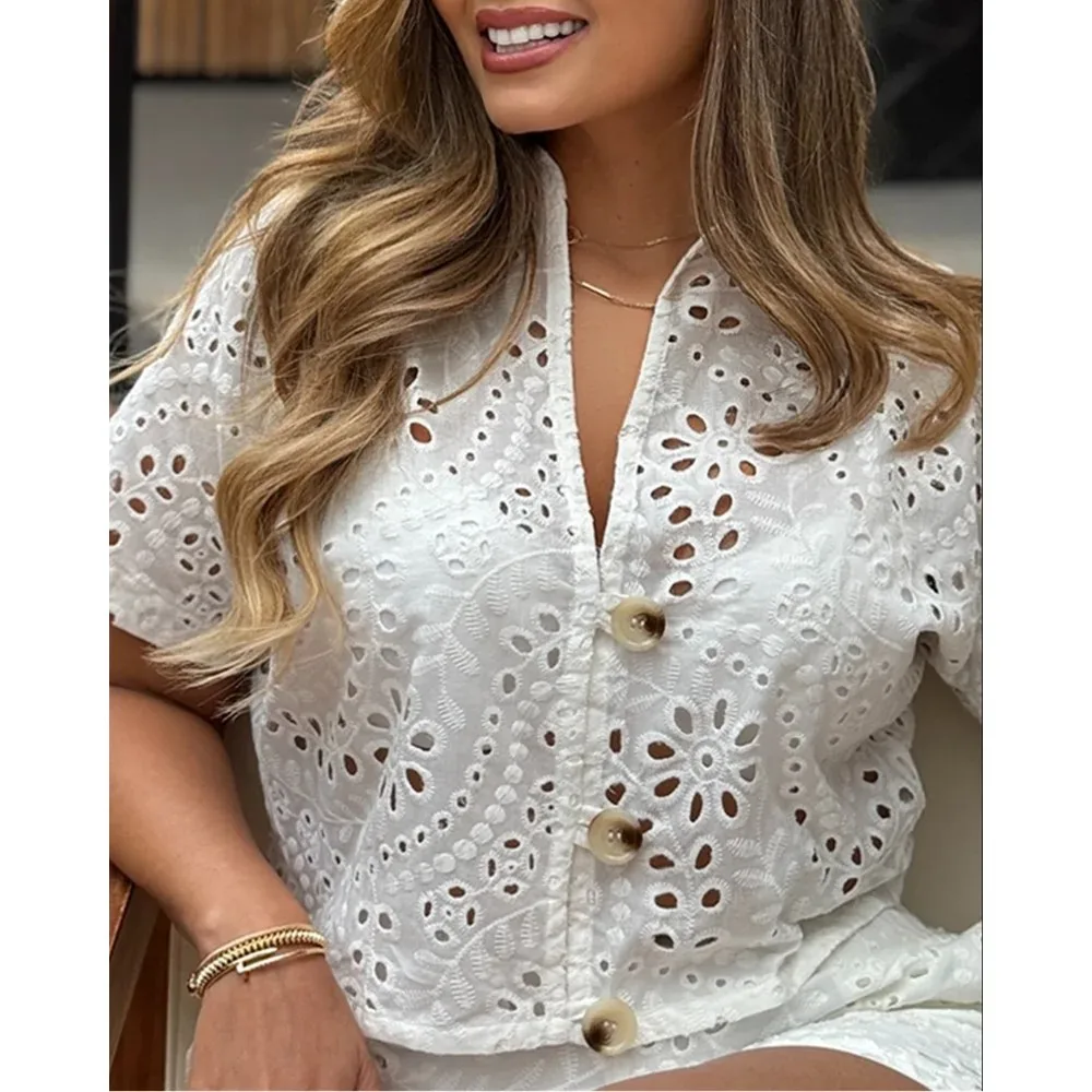 

Summer Two Piece Set Women Short Sleeve Embroidery Hollow Out Shirt Top and Elastic Waist Shorts Set with Pockets