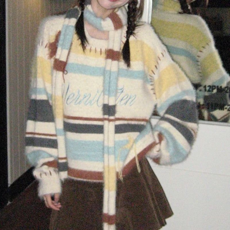 

Y2k Harajuku Sweet Stripe Sweater Women Kawaii Fashion Knitted Tops Kawaii Fashion Casual Streewear Scarf Included Pullover New