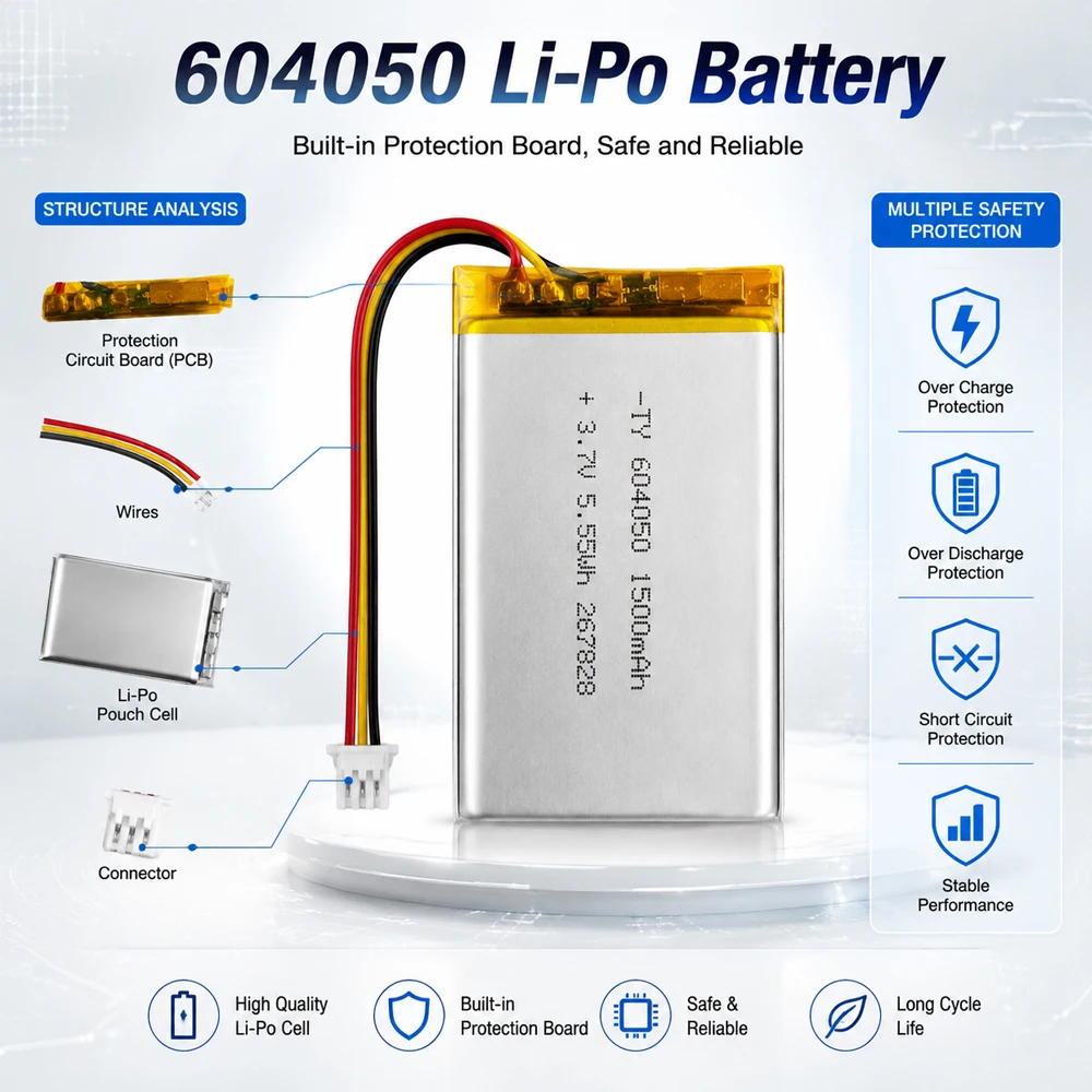 3.7V 1500mAh LiPo Battery 604050 Rechargeable Lithium Polymer Battery with Protection Board for Smart Devices