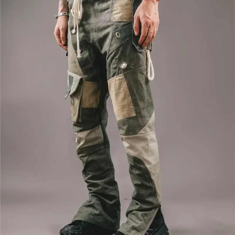 Wasteland Style Pants Patchwork Fabric Patchwork Slim multi-pocket Cargo Casual Pants