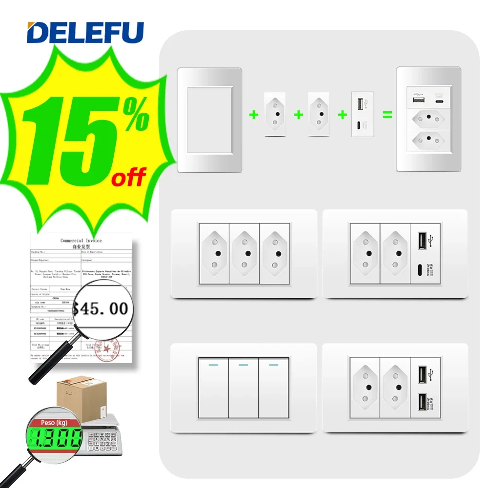 DELEFU White Fireproof Material PC Panel Tpye-c USB Brazil Standard Wall Socket Package, 3gang Wall Switch, More Discounts.