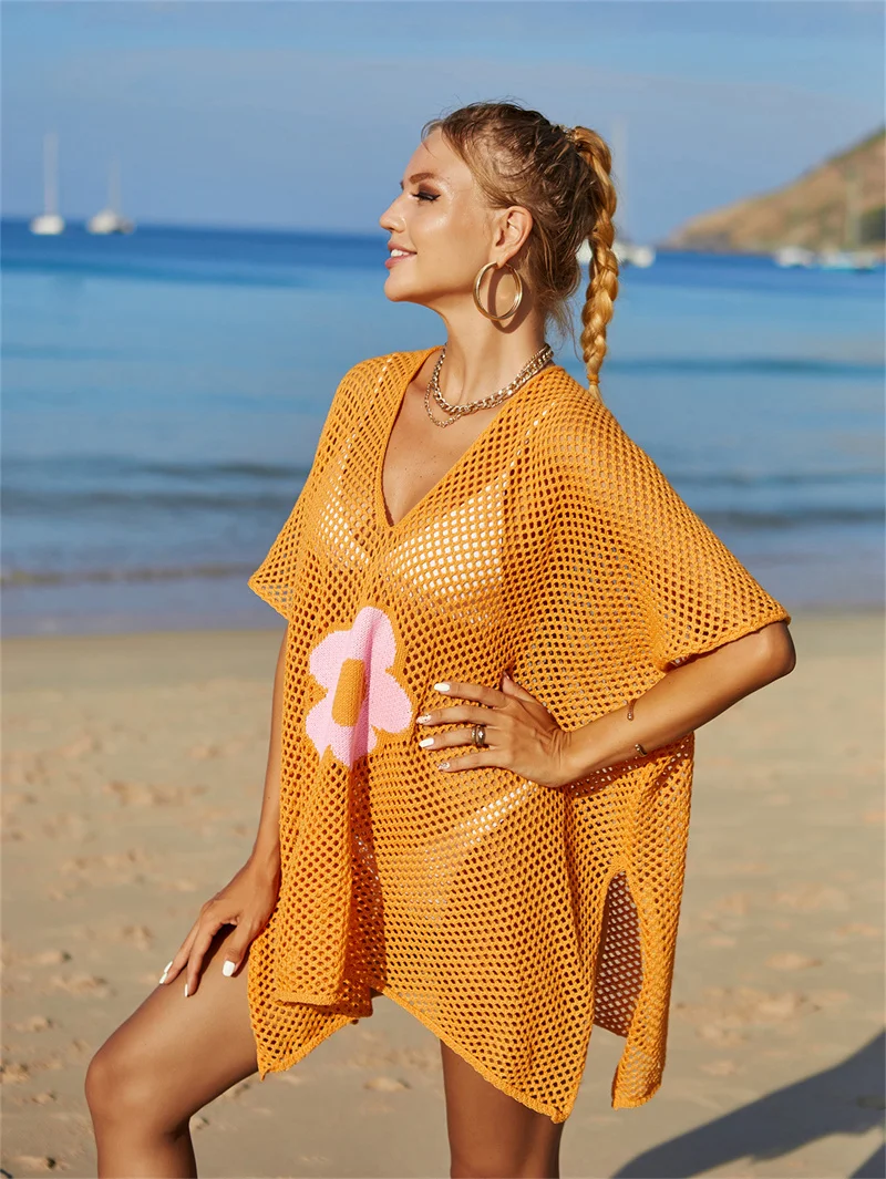 Flower Beachwear for Beach Cover Up Women Summer Sundress Knitted Swim Cover Ups on The Sea 2024 Fashion Swimwear Coverup