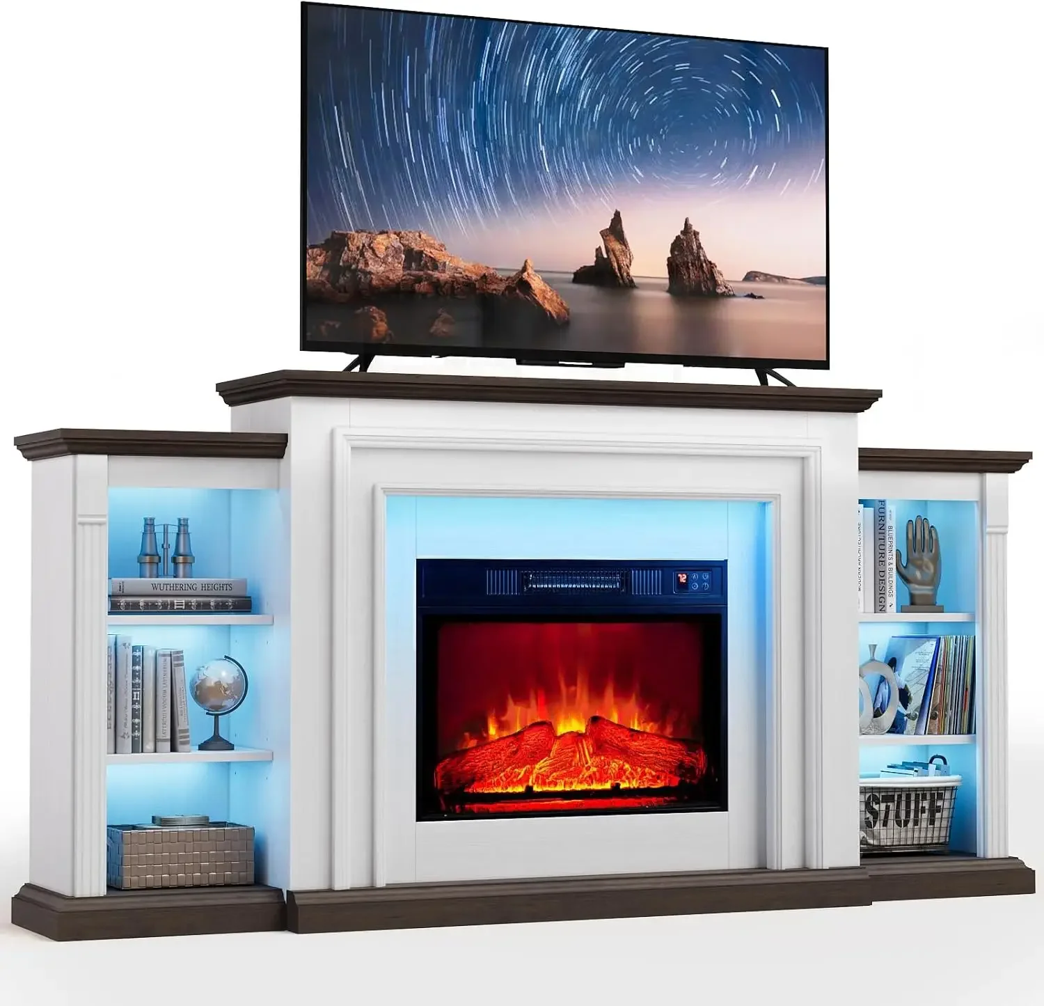 72" LED Electric Fireplace with Mantel, Fireplace TV Stand for 80 Inch TV, Modern Entertainment Center with Storage, Delicate