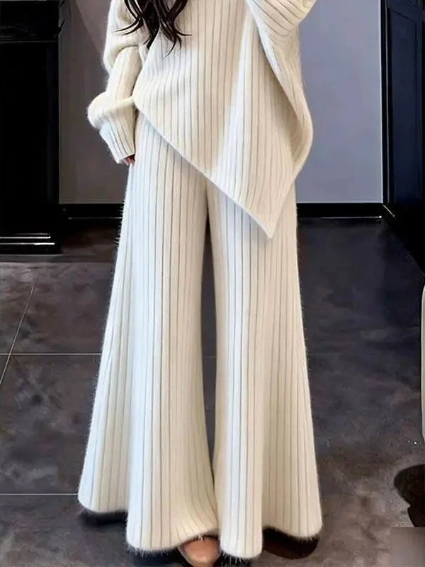 Ladies Soft Cozy Sweater High Waist Wide Leg Pants Two Piece Set Fashionable Lazy Style Winter New Arrival High End Feeling image 3