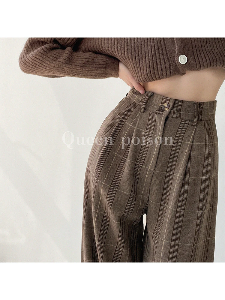 Vintage Classic Plaid Design Women Trousers 2022 Autumn Winter High Waist Loose Wide Leg Lady Pants Straight Mopping Streetwear