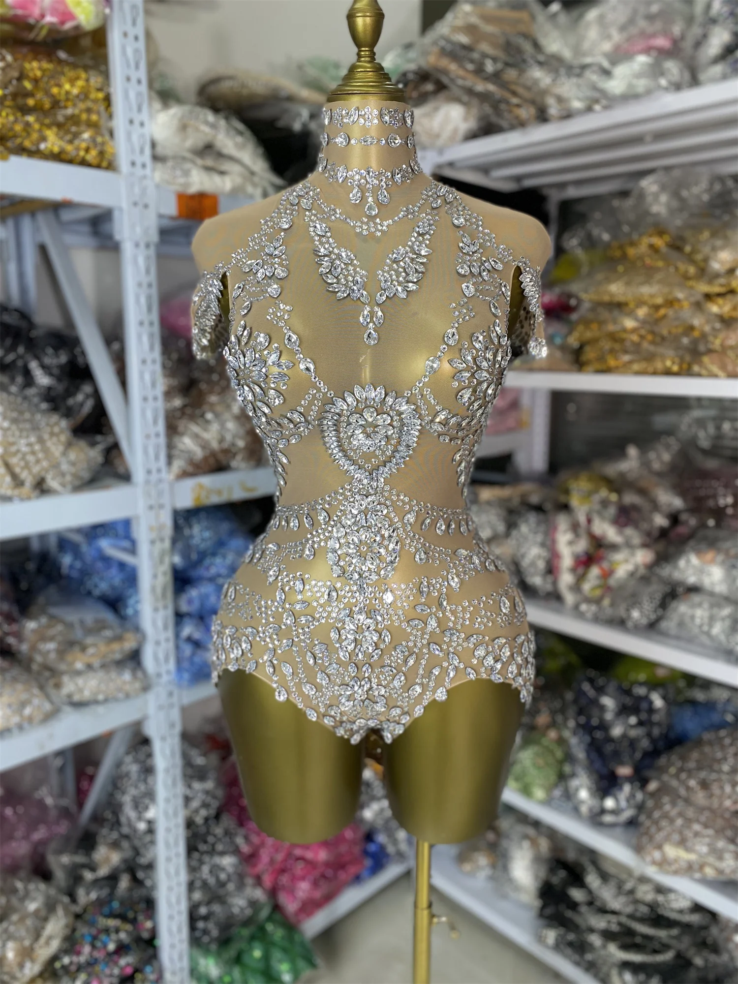 

Women Bright Rhinestones Bodysuit Evening Club Short Sleeve Turtleneck Playsuit Showgirl Stage Costumes Special Occassion Dress