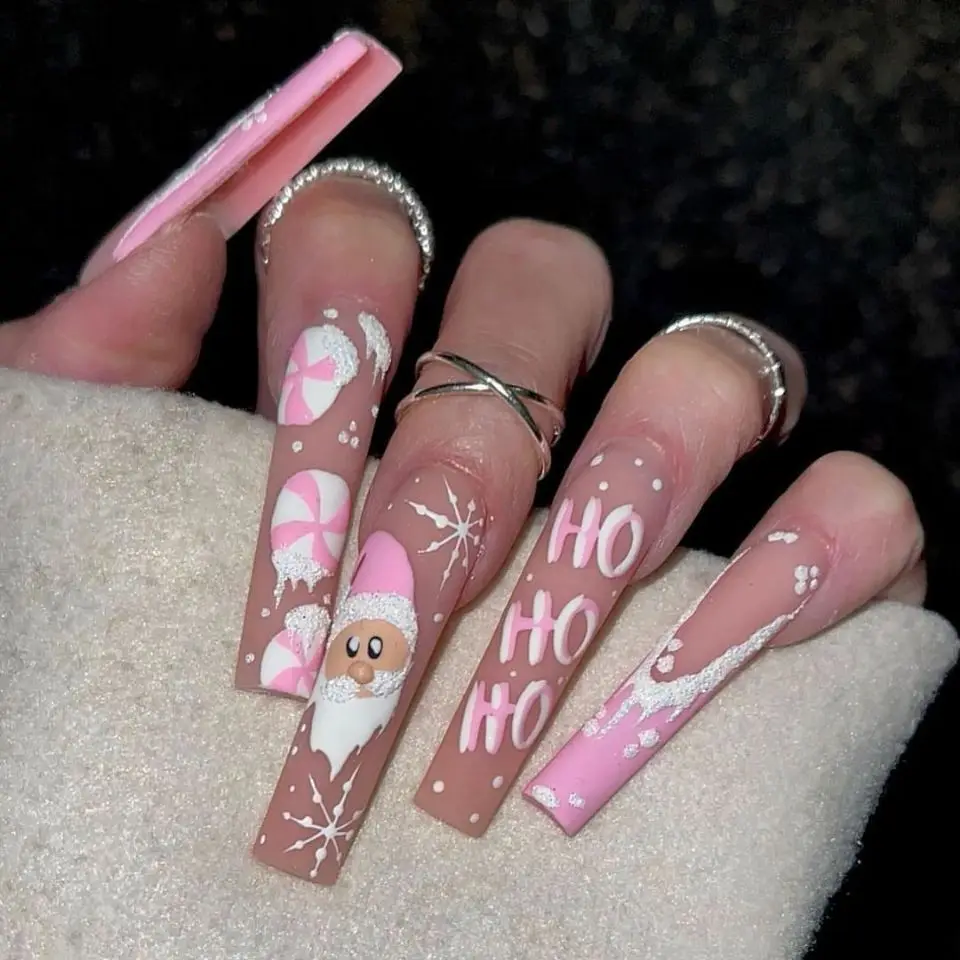 

24pcs Pink Santa Claus False Nails Merry Christmas Snowflake Press on Nails Wearable European Long French Ballet Fake Nail Tips