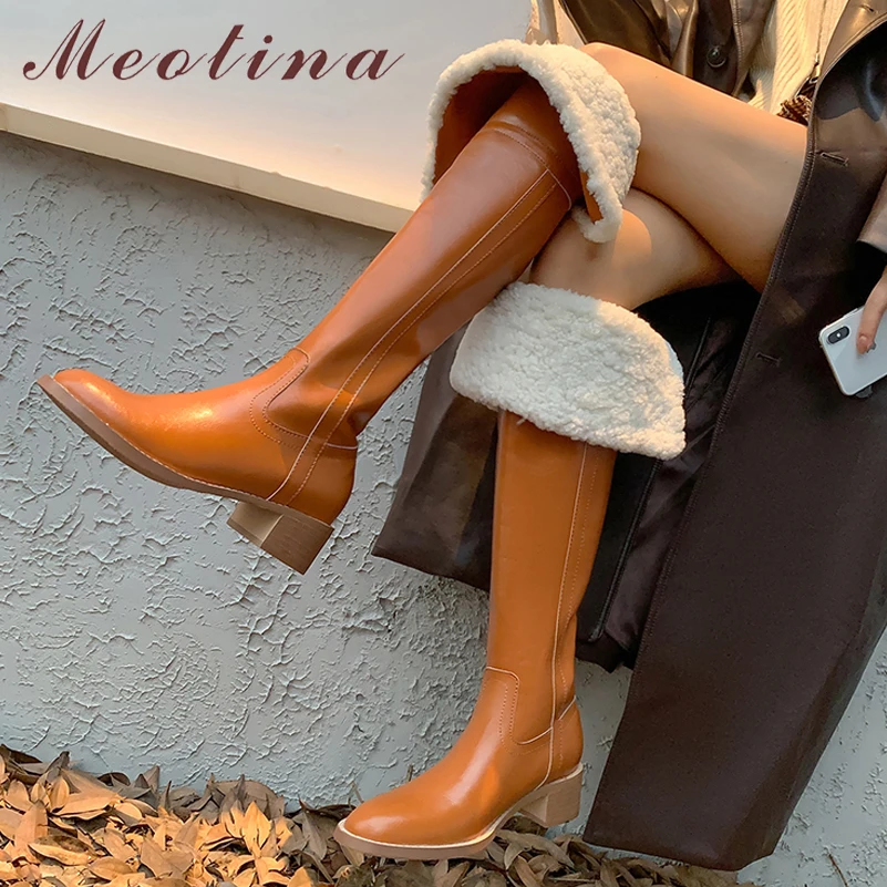 

Meotina Women Genuine Leather Thigh High Fur Wool Boots Round Toe Flat Ladies Fashion Over-the-Knee Long Boot Winter Shoes Brown