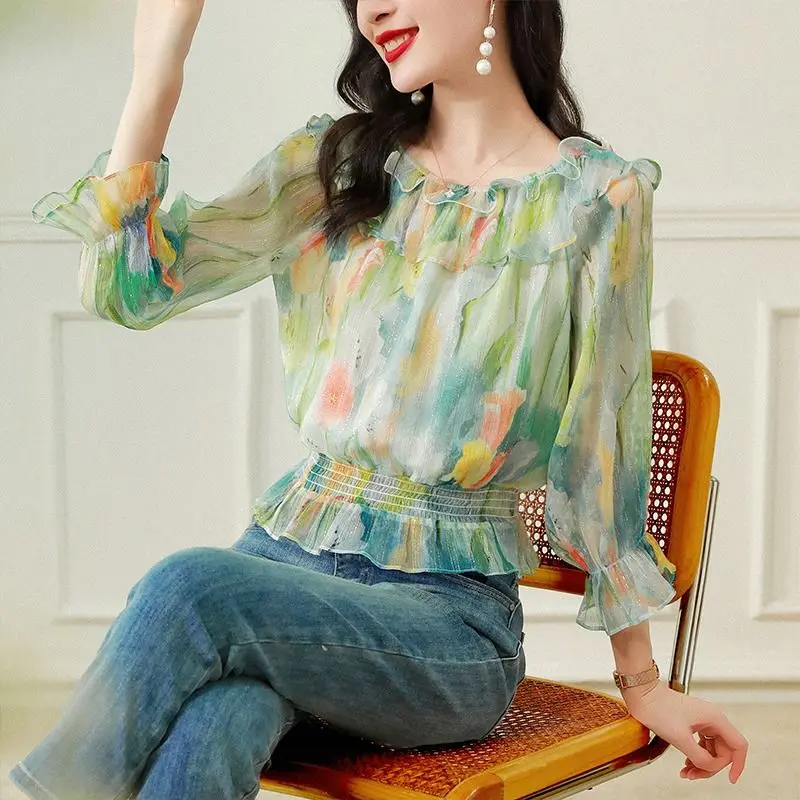 

Fashion chiffon shirt women's 2026 early autumn new fungus edge round neck seven-quarter sleeve waist top
