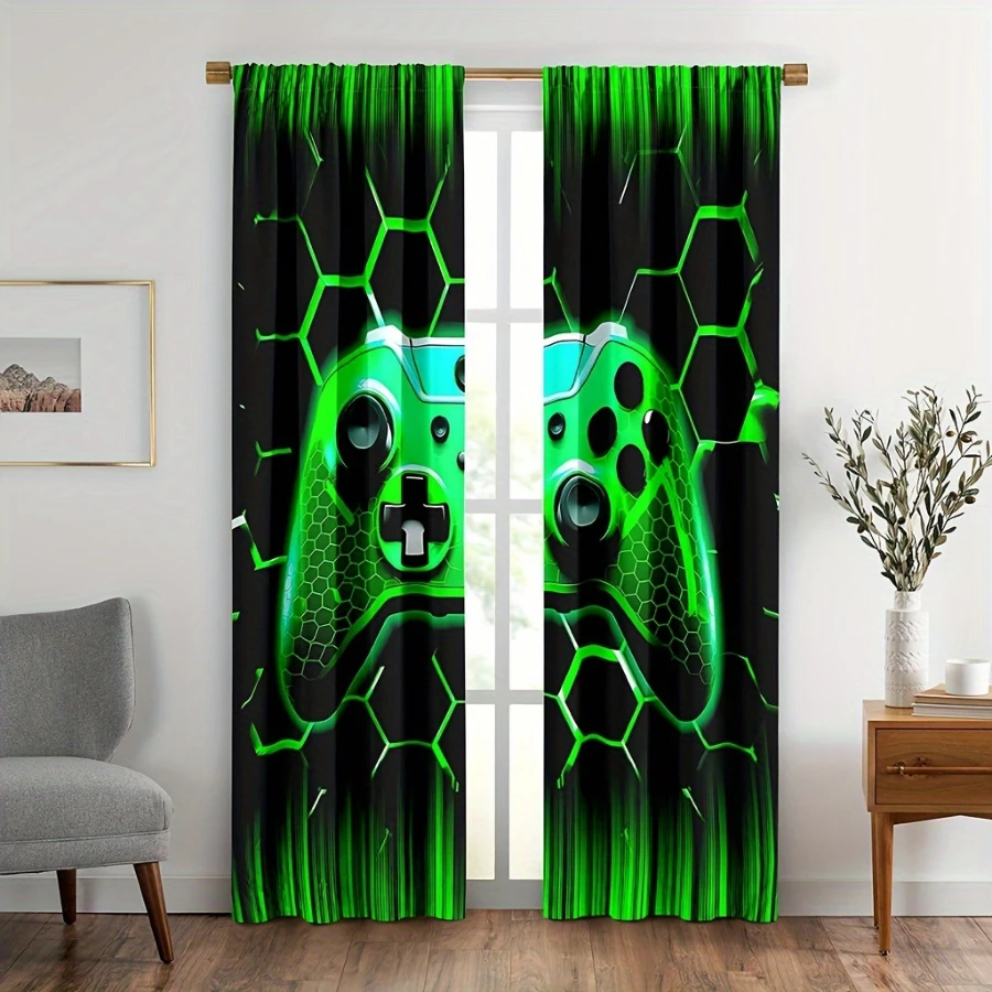 2PCS Digital Print  Curtain, Green Game Console, Bohemian Style  Curtain Panel for Home Living Room Bedroom Decor