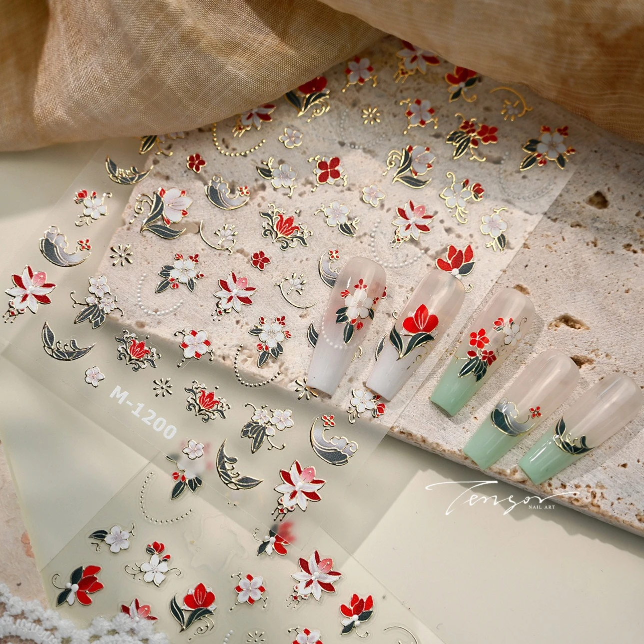 Autocollants de manucure pour Nail Art, fleur rouge et blanche délicate, estampage à chaud romantique, nuages de bon augure, pivoine, maïs, coquelicot, feuilles vertes