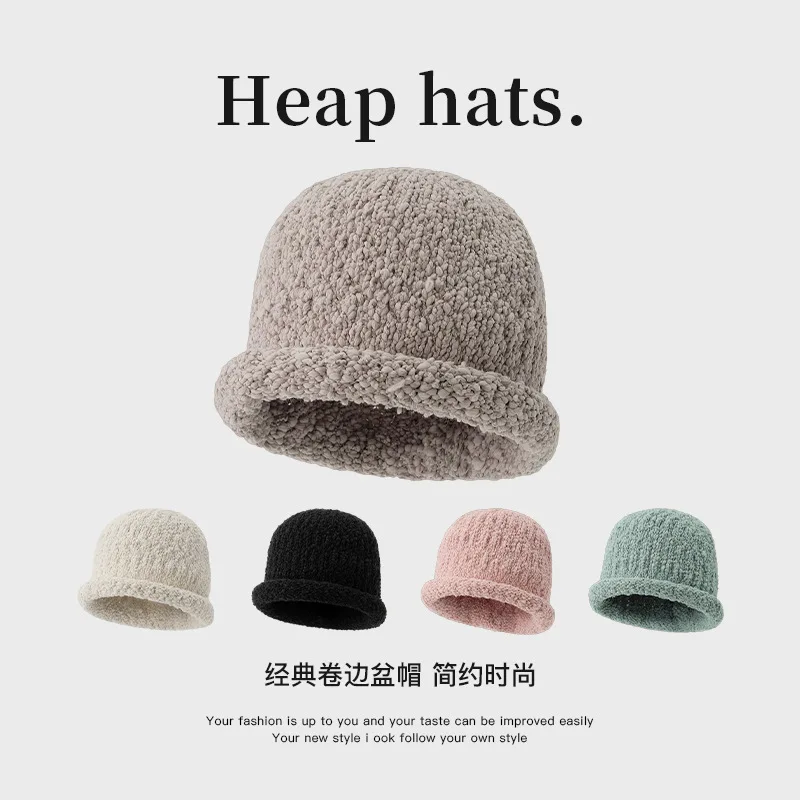 Sleeve Cap Women Autumn Winter New Hundred Solid Colour Basin Cap  Rolled Edge Show Face Small Warm Woolen Knitted Cap