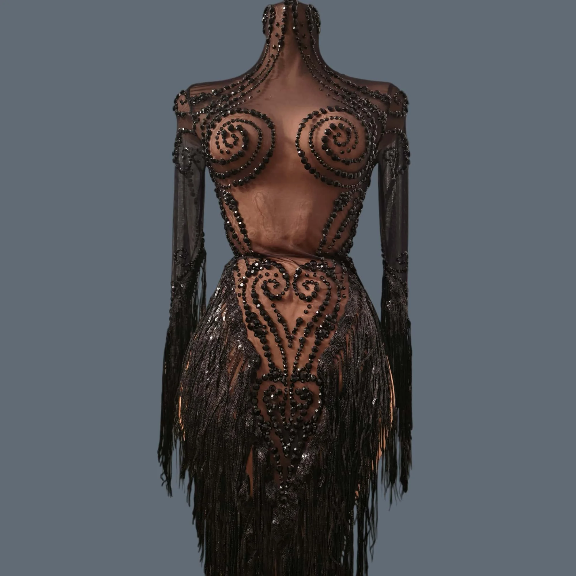 

Party Sparkly Rhinestone Tassel Outfit Women Latin Dance Dress Sexy Black See Through Mesh Dresses Stage Performance Wear Heitao