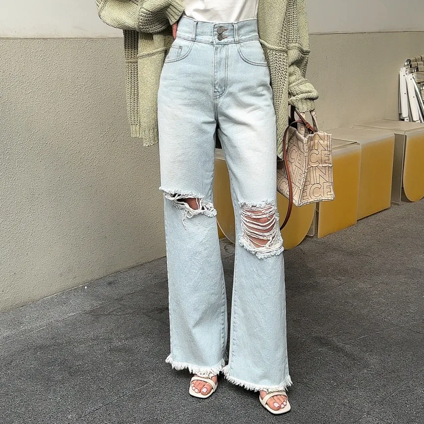 Calças Jeans Fenas de Cintura Alta com Efeito Desbotado Retrô, Pernas Retas e Soltas, com Botões, Estilo Vintage Casual.