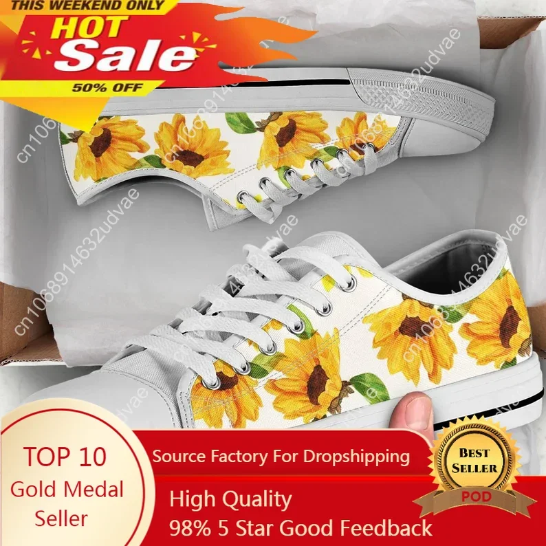 

Classic Yellow Flower Sunflower Printing Canvas Shoes Women Daily Outdoor Light Sneakers Black White Flats For Teens 2022