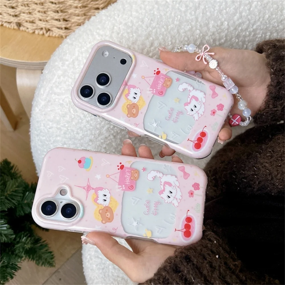 

Lovely Cartoon Cat Pink Phone Case For iPhone 17 Pro 14 15 16 Pro Max Cover with Chain Shockproof Protective Cases For iPhone 17