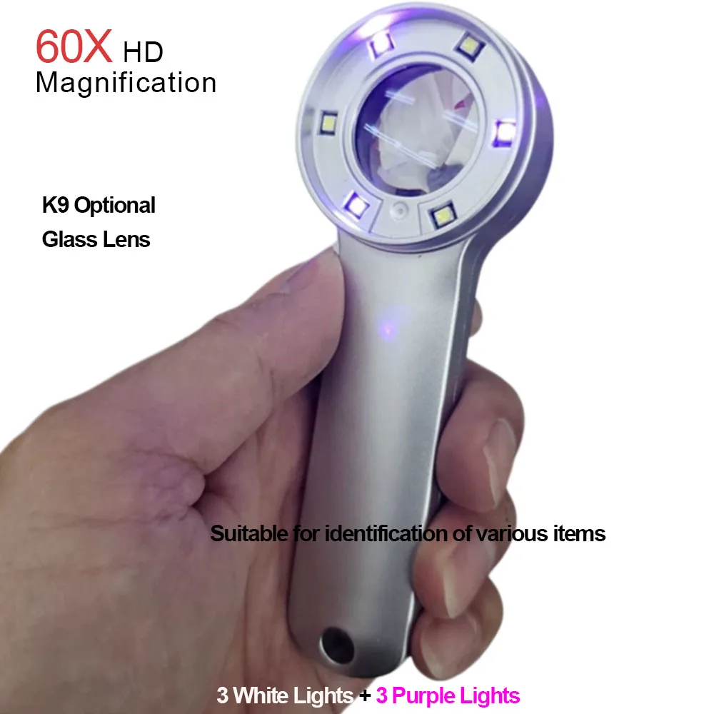 Handgehaltene 60-fache HD-Lupe mit UV-Lila-Licht, Wiederaufladbare LED für Elektronik-Reparatur, Lesehilfe für Senioren